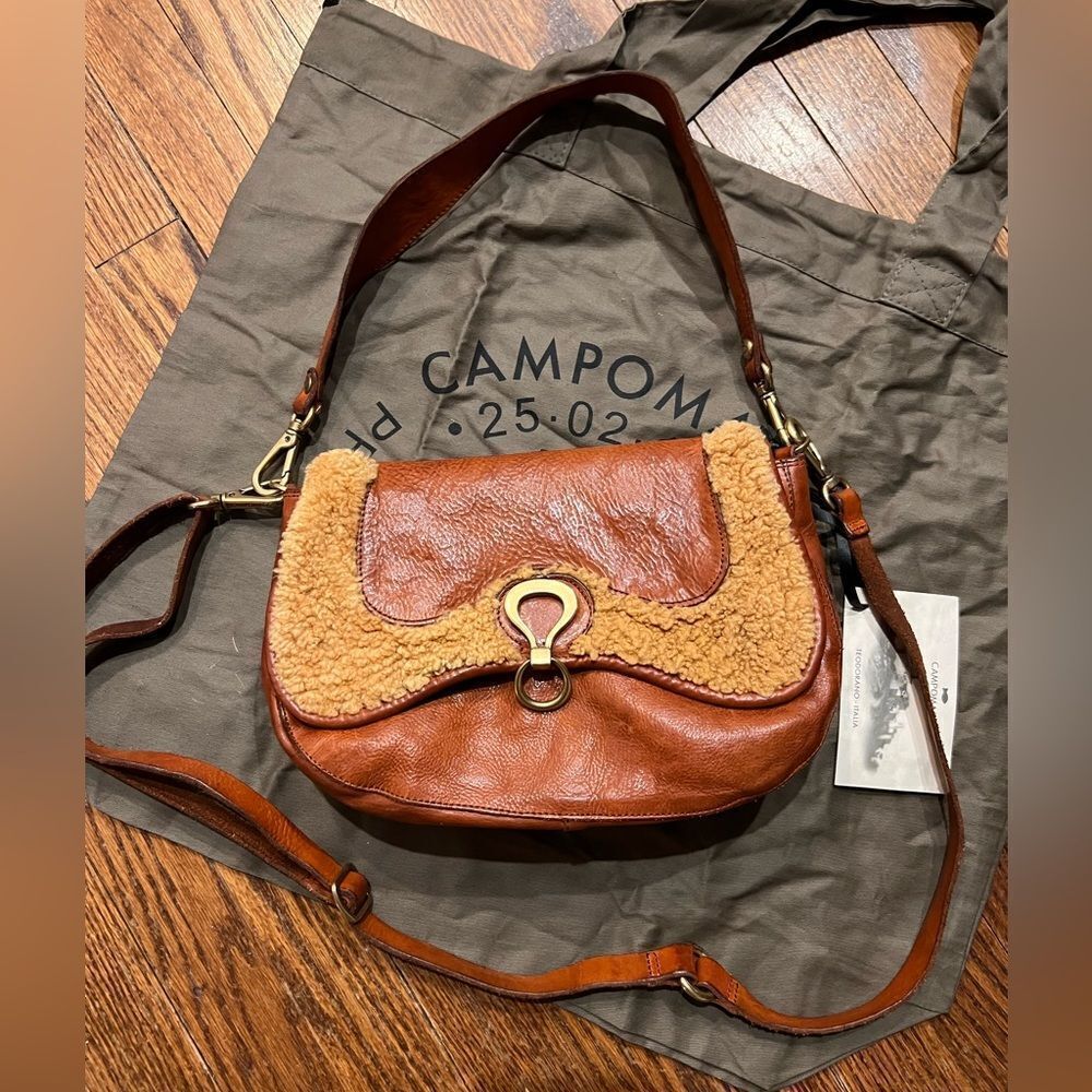 Campomaggi x Free People Salvatore Shearling Trim Leather Shoulder Bag in Cognac - Picture 7 of 15
